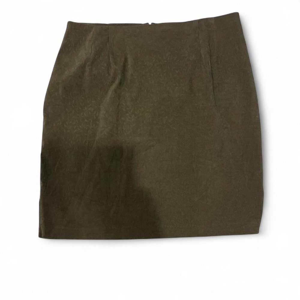 Vintage Olive Green Embossed Floral Suede Mini Skirt High Waisted Retro Boho